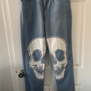 Blue Relaxed Fit Jeans with Skull Design